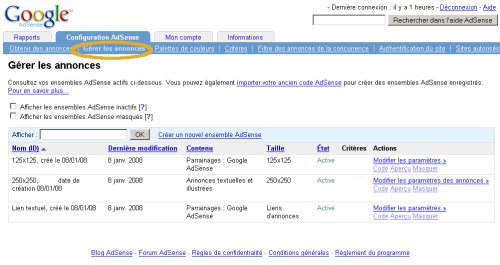 gestion des annonces Adsense